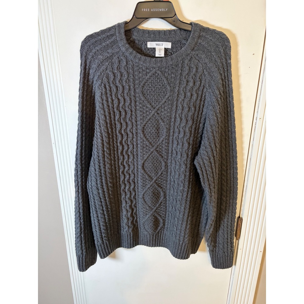 Wilt Mens Large Charcoal Gray Cable Knit Crewneck Sweater Cotton Wool Blend